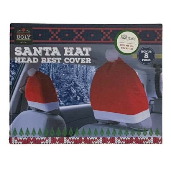 Santa Hat Car Seat Headrest Covers Auto Accessory Car Decoration 2 Pack - Picture 9 of 14